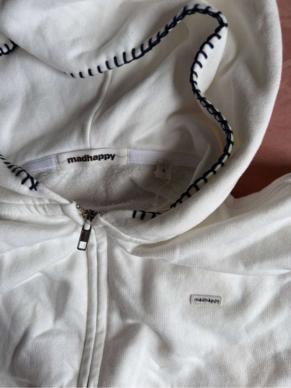 Madhappy White Zip Hoodie with Navy Contrast Stitching